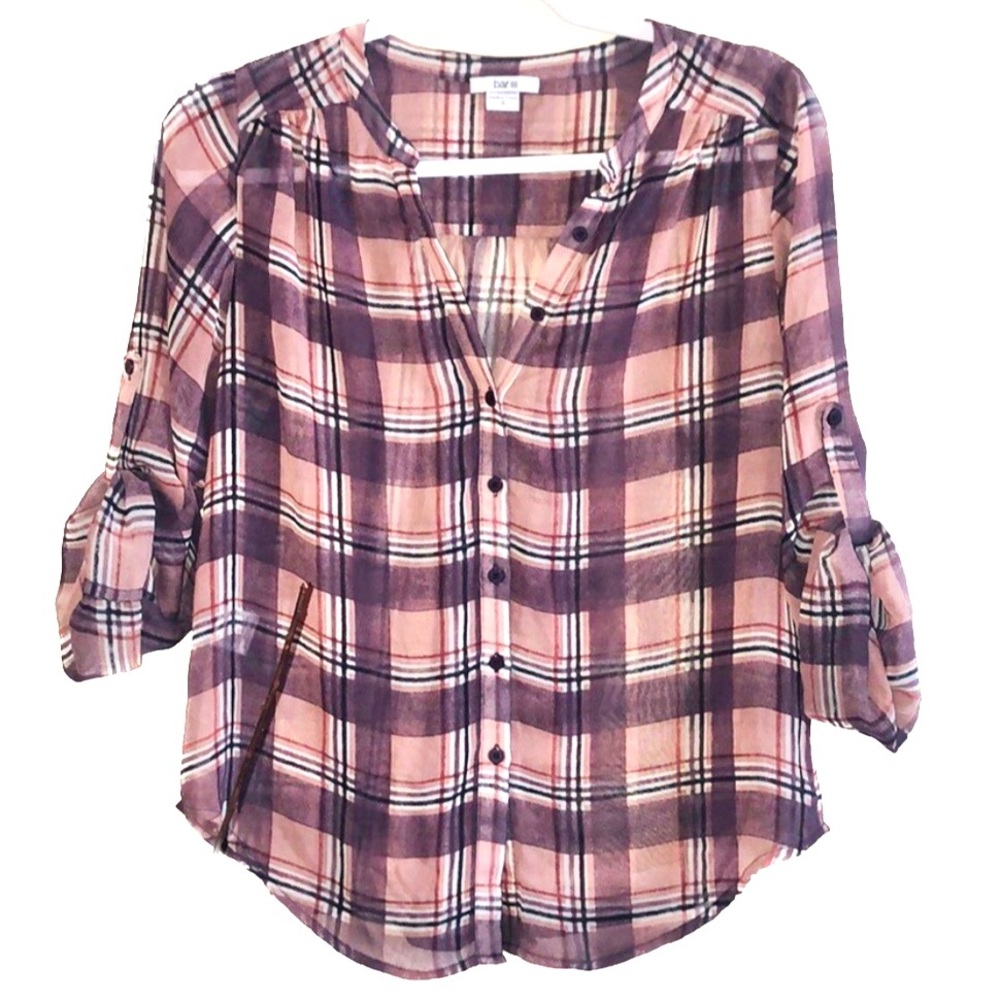 Bar ||| purple mauve plaid sheer button down blous